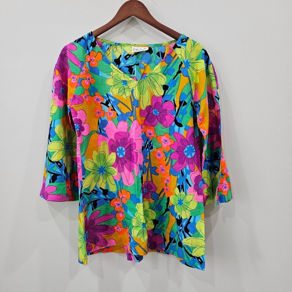 Vintage Bobbie Brooks 1960s Groovy Daisy Print Shirt M Multicolor Casual Spring